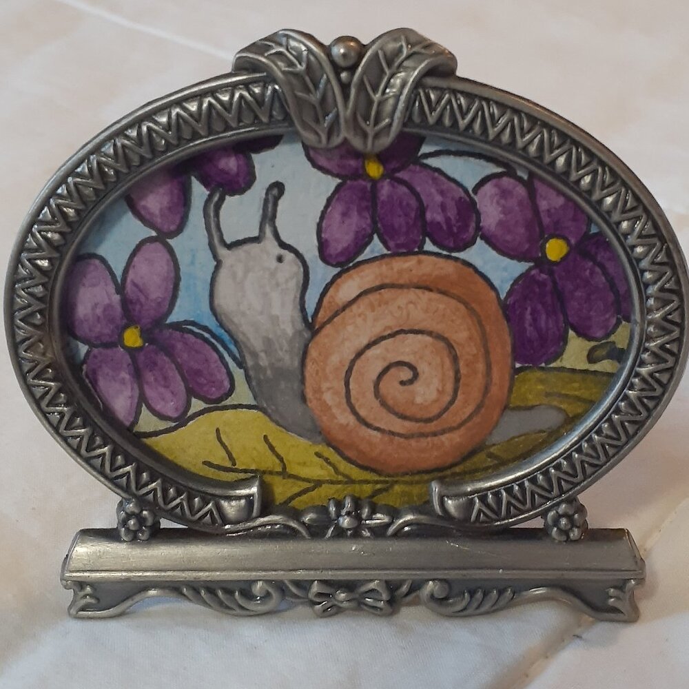 Snail and Violets Mini Watercolor and Ink Painting in Victorian Style Frame